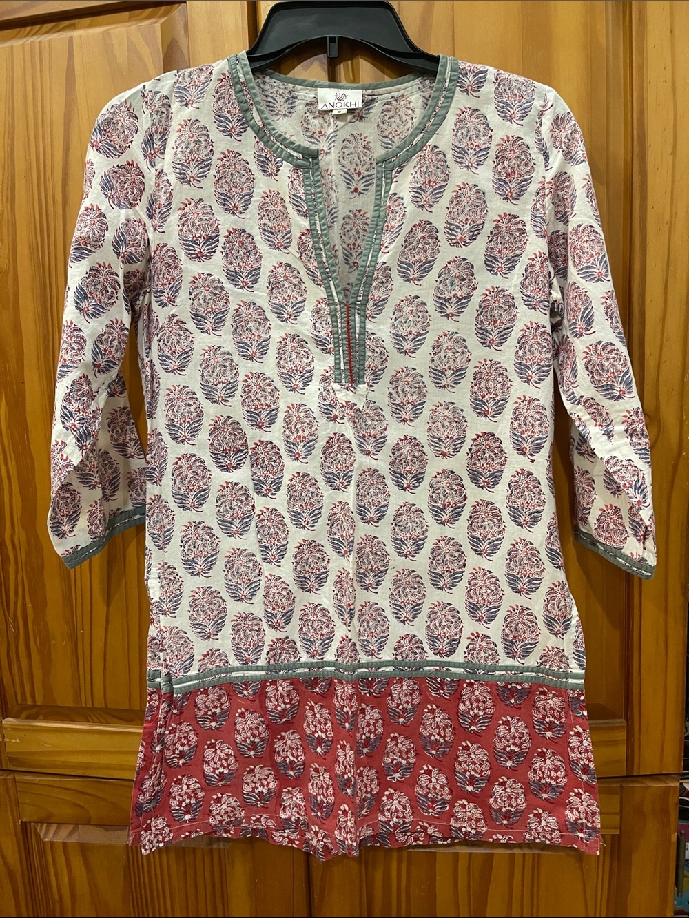 Printed Red & White Cotton Tunic with Green Trim